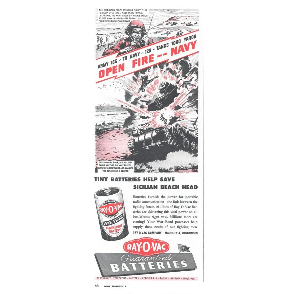 1944 Ray-o-Vac Royovac Batteries Vintage Print Ad WW2 Army Navy Tank Wall Art